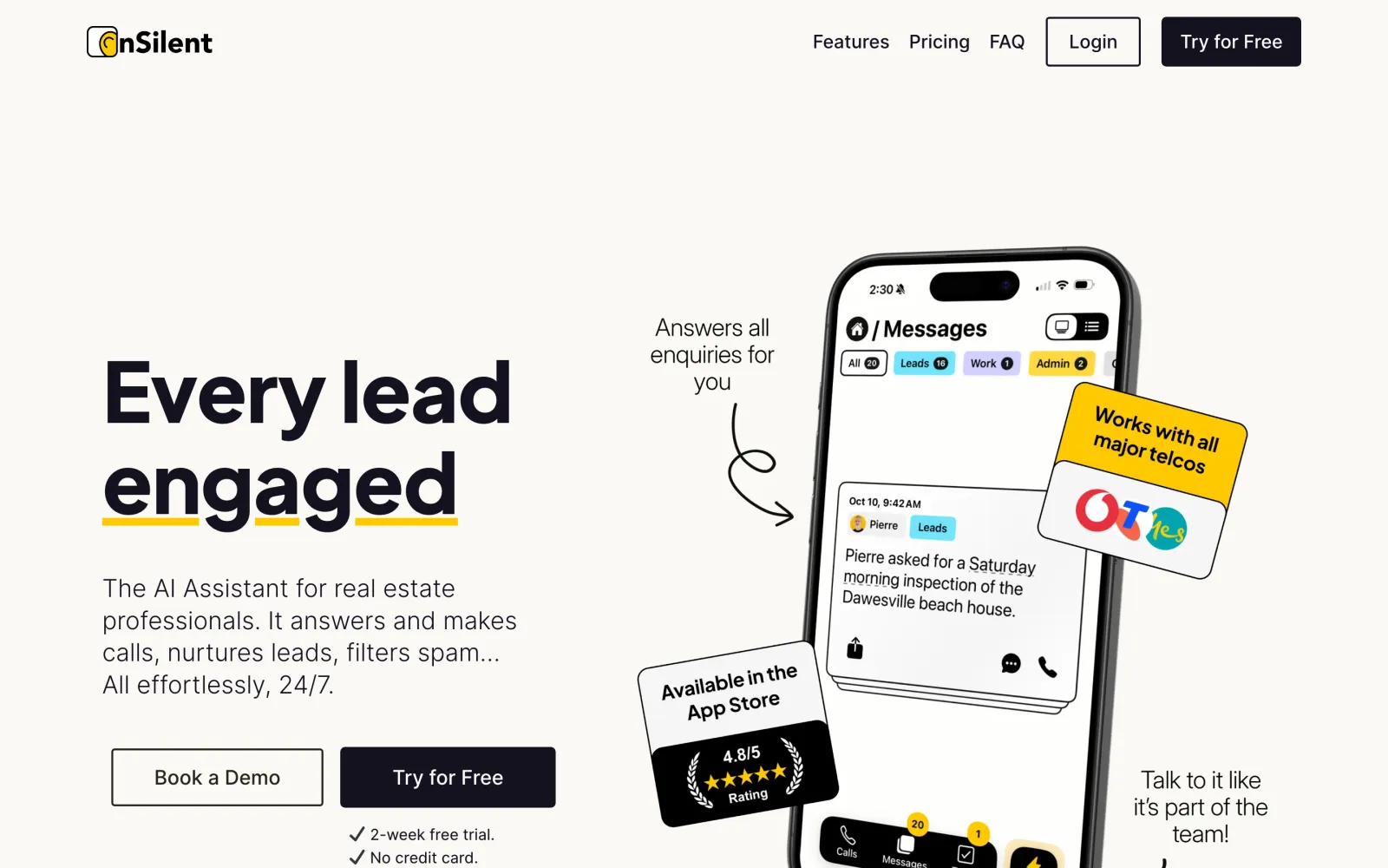 The onsilent.com homepage showing the message inbox on a phone