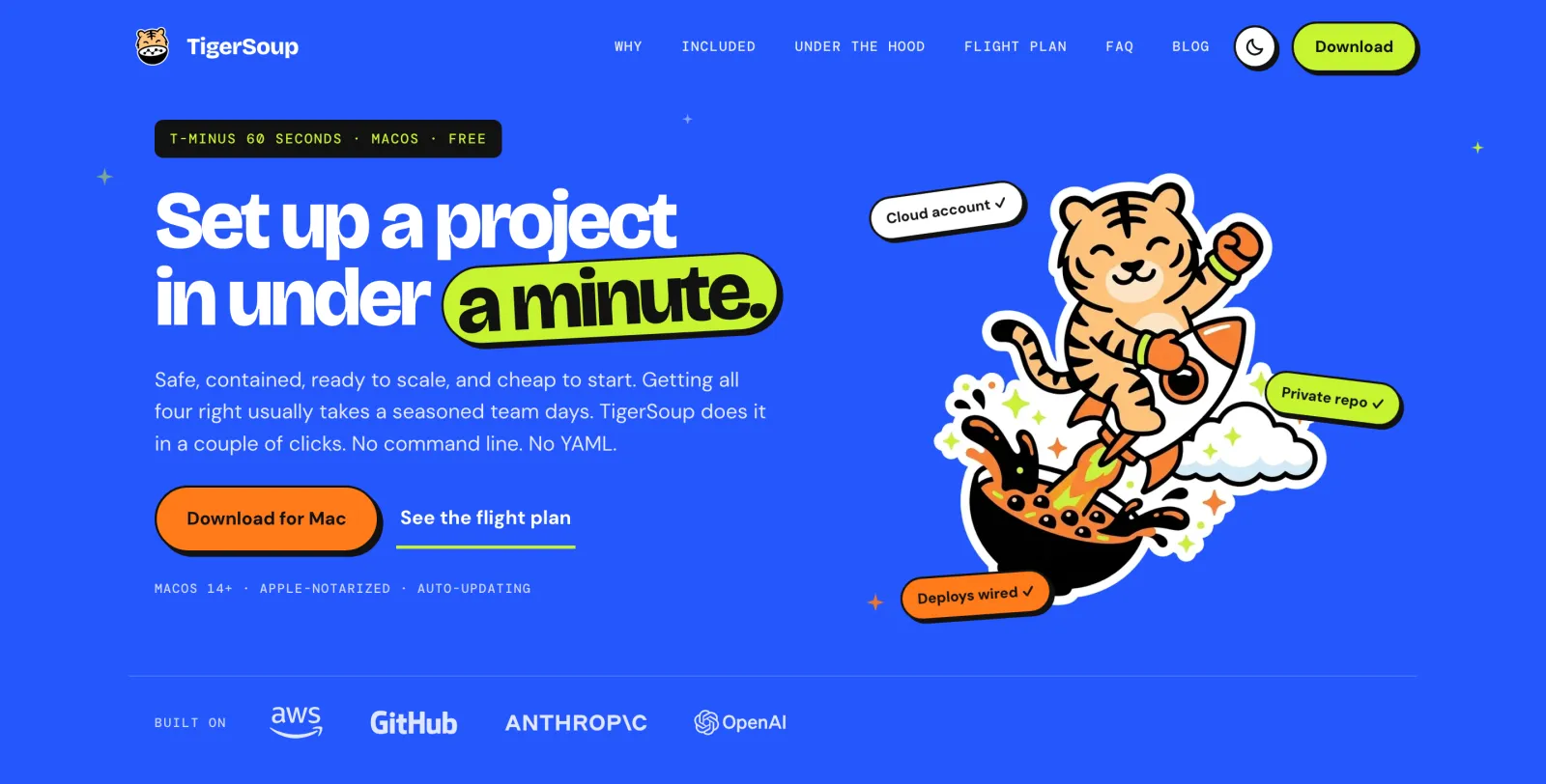 The tigersoup.com homepage: set up a project in under a minute