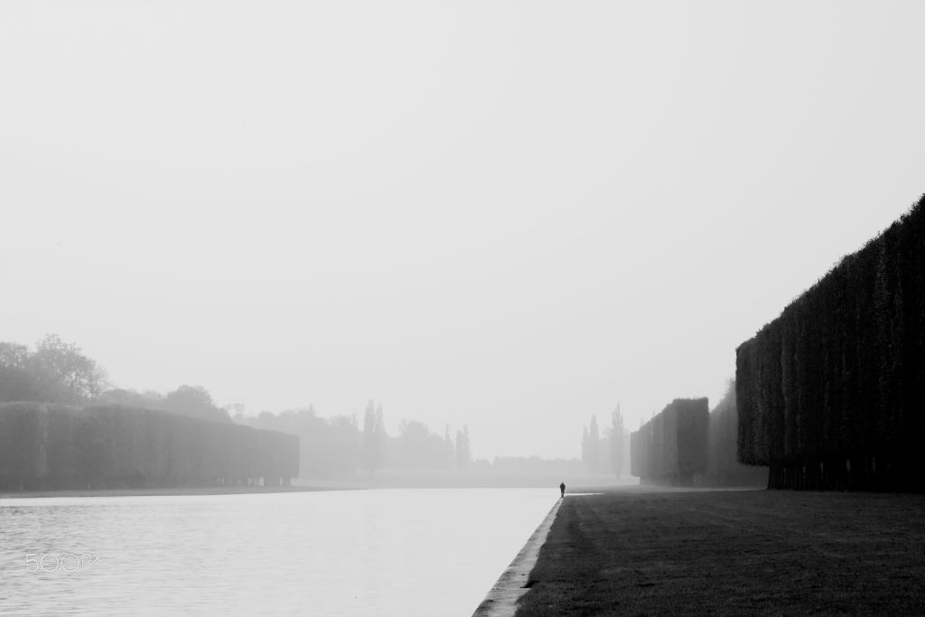 A lone walker on a misty canal path