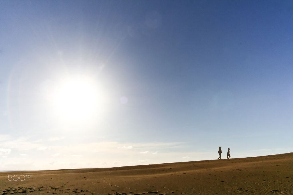 Two small figures walking across sand under a bright sun